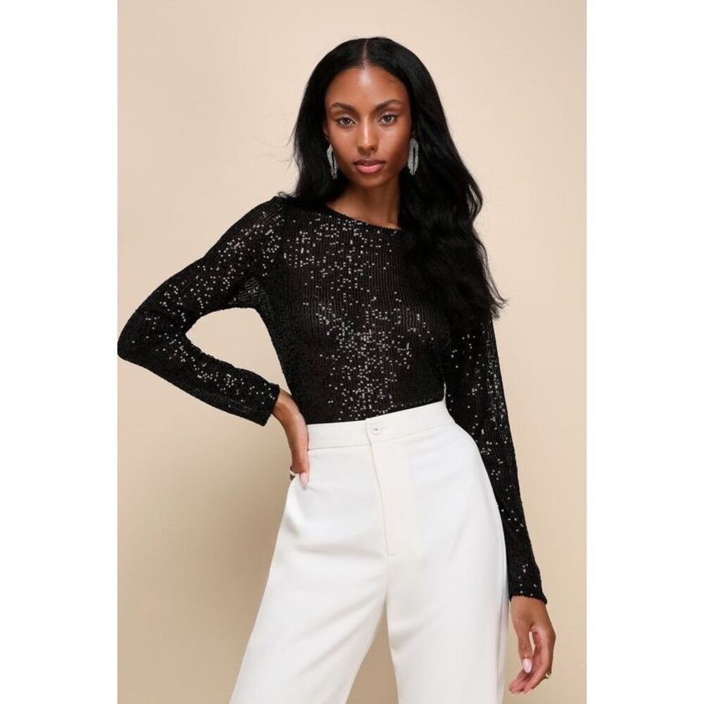 Lulus Shining Excellence Black Mesh Sequin Long Sleeve Crop Top - Size M